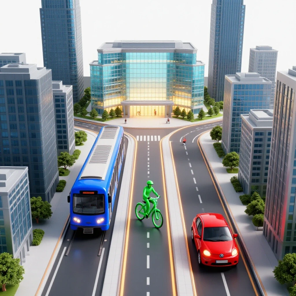 A vibrant city scene with subway, bike, and car routes leading to a welcoming campus, symbolizing urban college commuting options.
