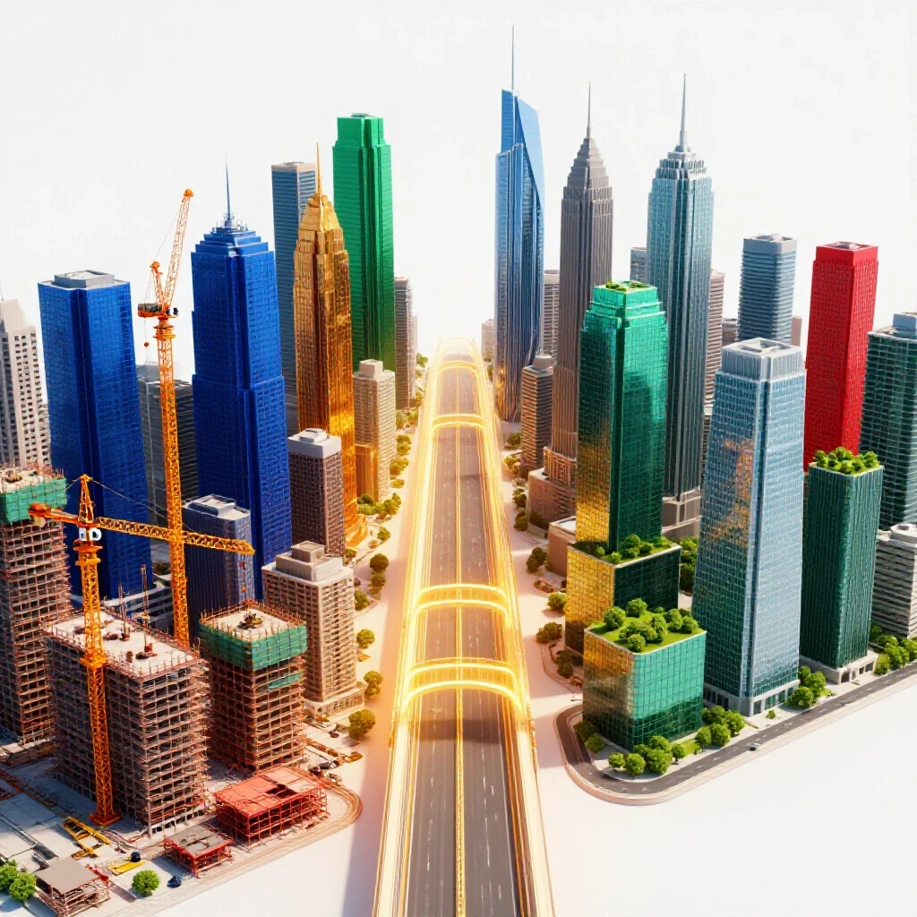 Split cityscape of rising construction merging into a thriving skyline, linked by a golden bridge of light.