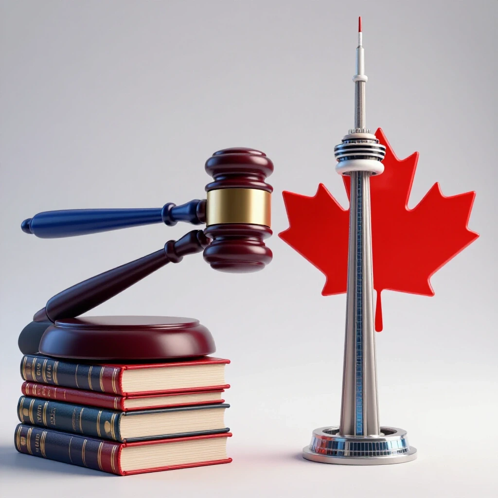 Gavel and law books transforming into Canadian maple leaf and CN Tower on a bright studio background.