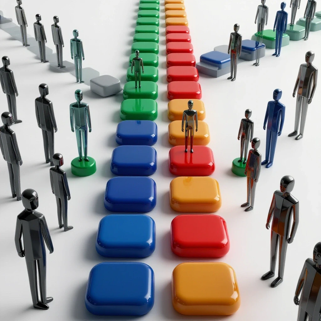 Colorful abstract figures stand on bright stepping stones crossing a wide gap, symbolizing the skills divide.
