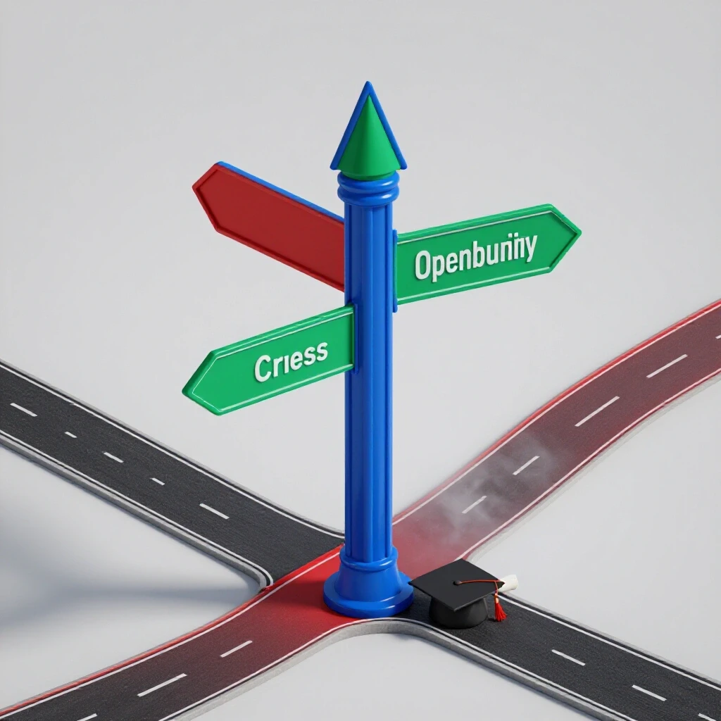 A bright crossroads with a bold blue and green signpost, one road fading into mist, surrounded by a diploma and cap.