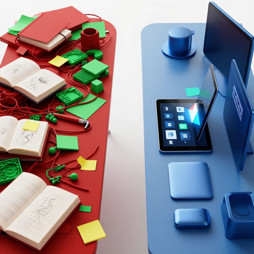 Split-screen showing a cluttered physical desk transforming into a sleek organized digital workspace on a bright background.