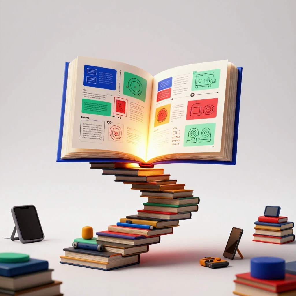 An open portfolio glowing with colorful UX sketches, emerging from a winding staircase of books, tools, and devices on a bright background.