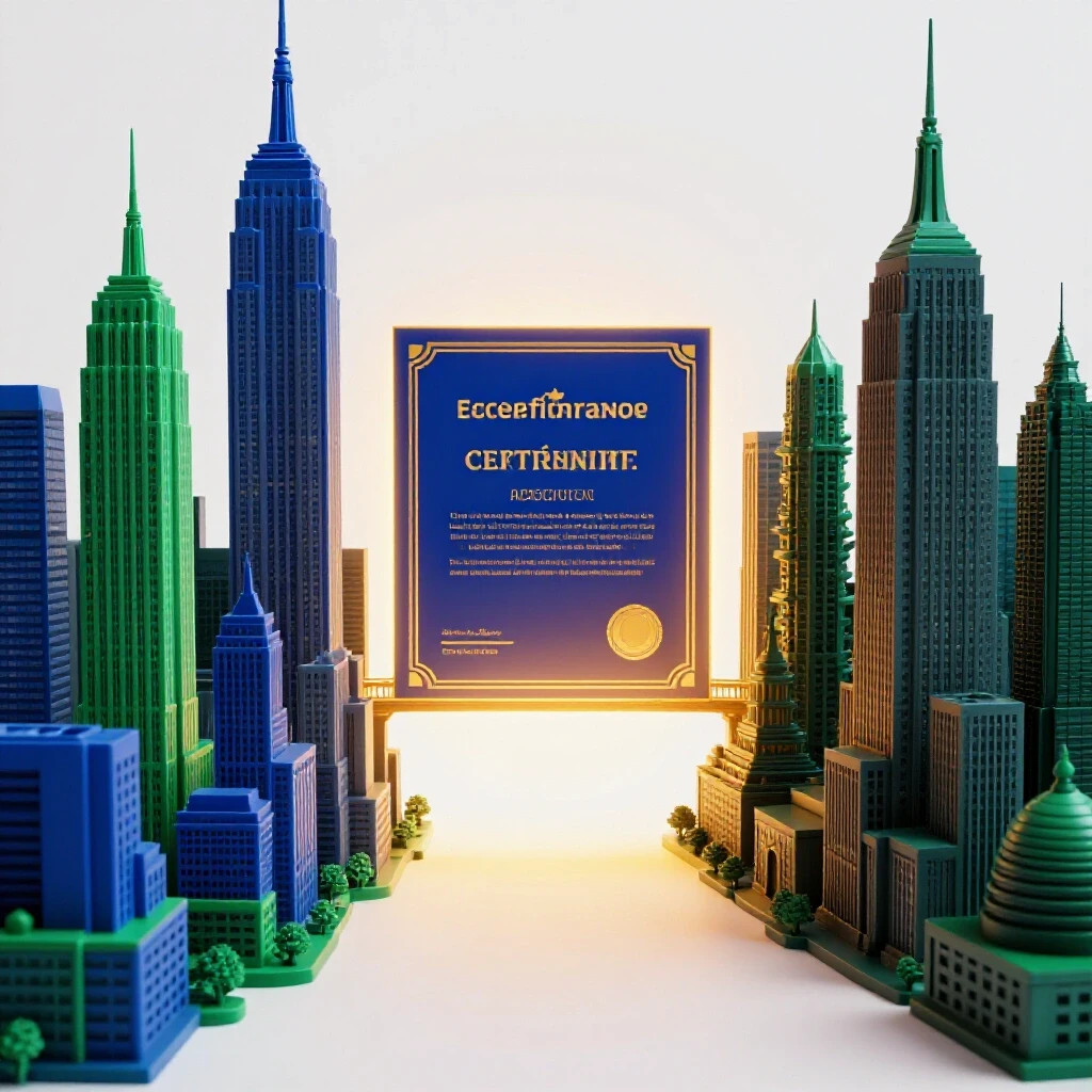 A glowing certificate bridges two contrasting city skylines, symbolizing credential validation across borders.