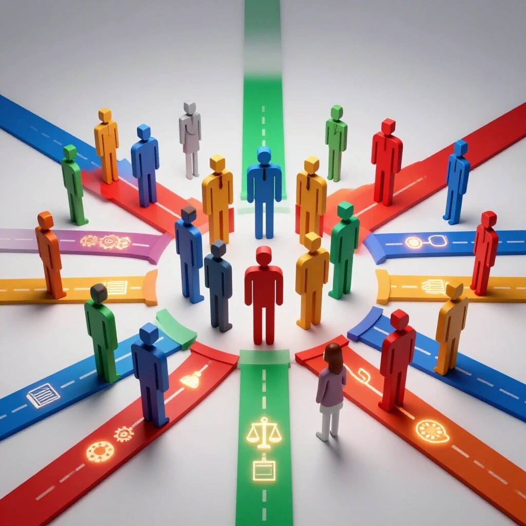 Central crossroads with vibrant paths branching towards varied career icons, symbolizing diverse opportunities.
