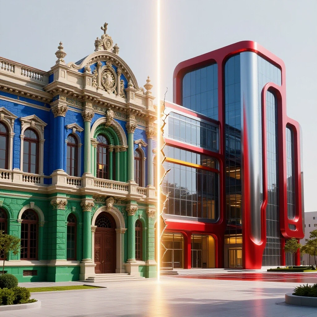 Split scene showing an ornate traditional Italian university contrasted with a modern campus, divided by a glowing beam.