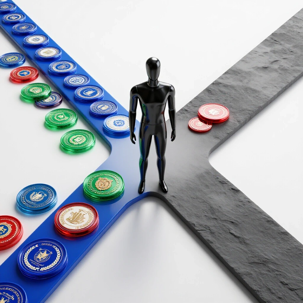 A crossroads with a stylized professional at the center, one path paved with glowing certification badges leading upward, the other dim and uneven, symbolizing career impact.