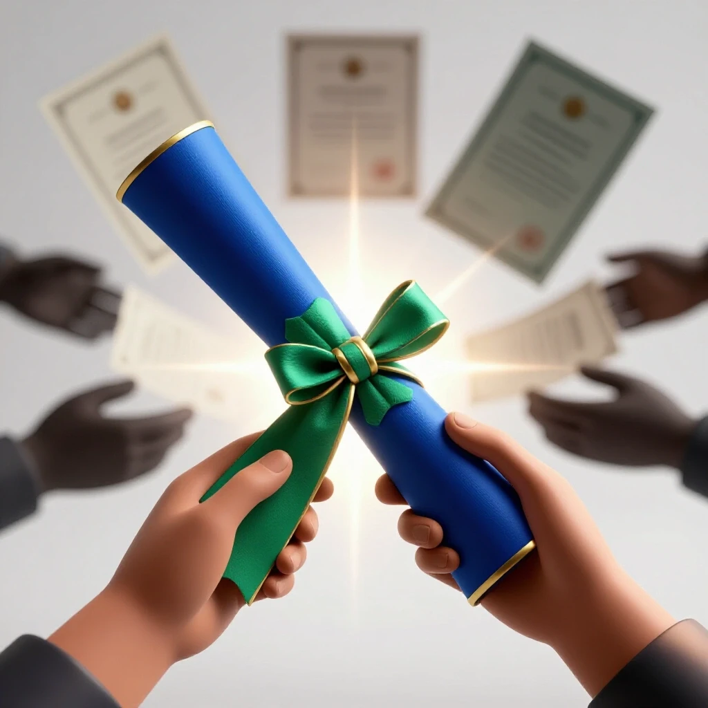 Authentic diploma glowing in a student's hands, contrasted with blurred fake certificates in the background.