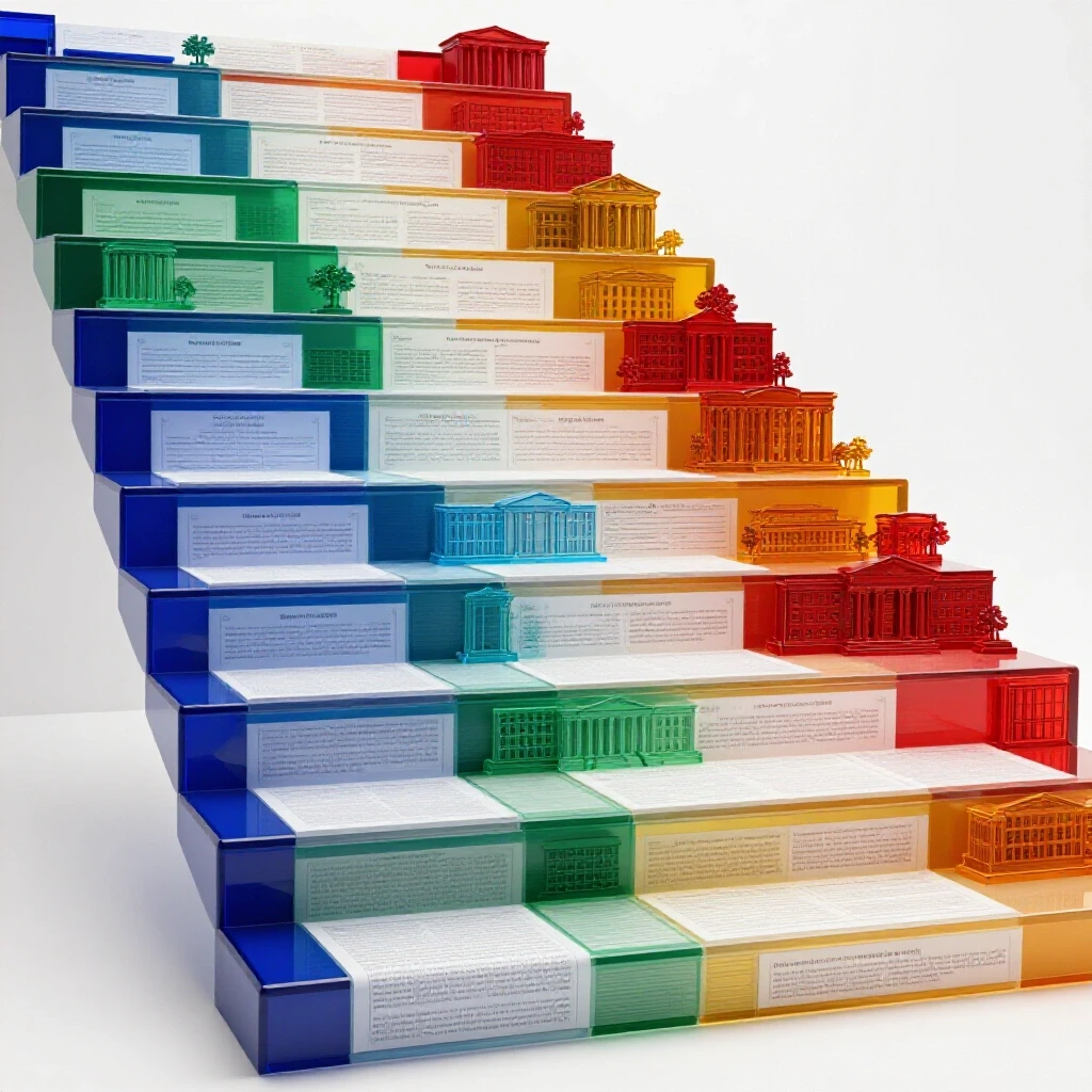 Vivid staircase of oversized academic transcripts ascending through colorful campus icons in a bright setting