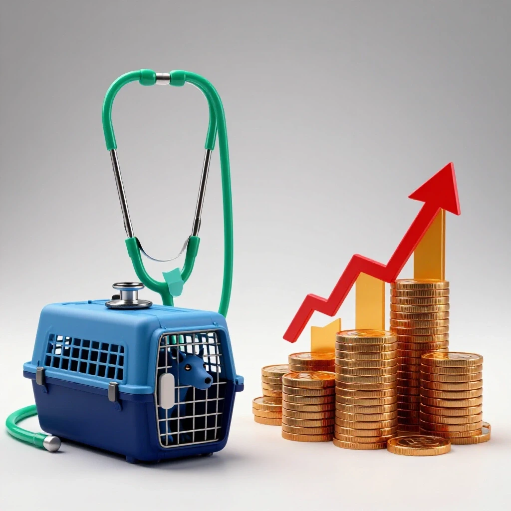 Split scene with vet tech tools and animal carrier on one side, stacked coins and financial arrows on the other, on a bright clean background.