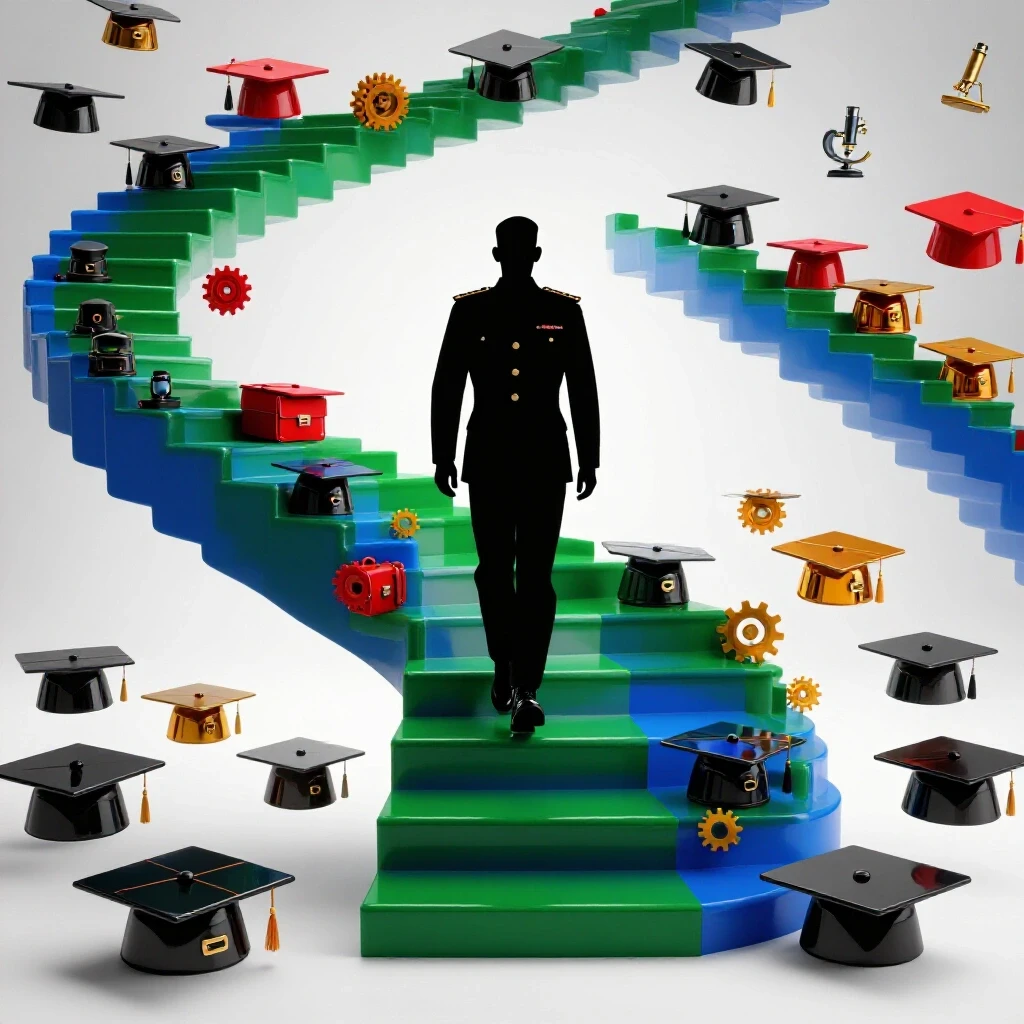 A military uniform silhouette steps onto a vivid upward staircase lined with graduation caps and career icons.