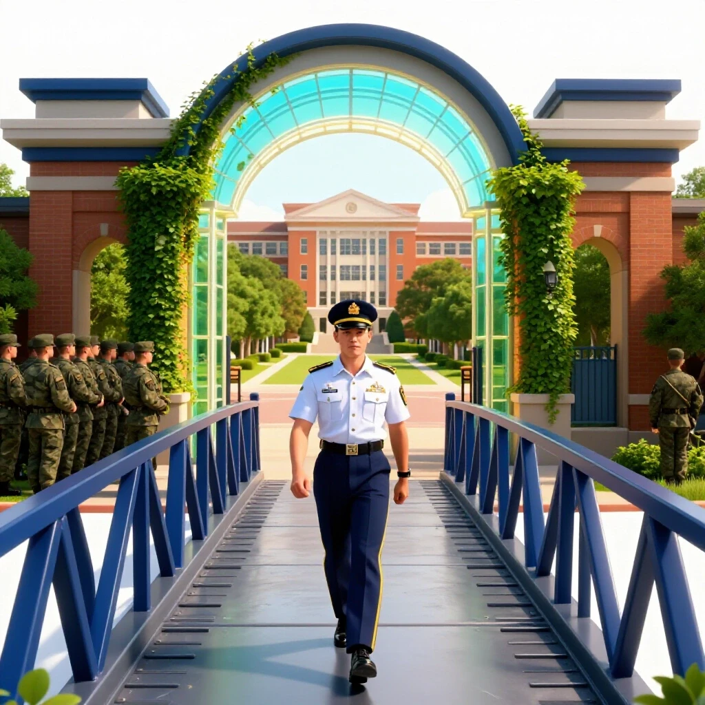 A symbolic bridge connects a military base to a vibrant college campus, highlighting a veteran's transition.