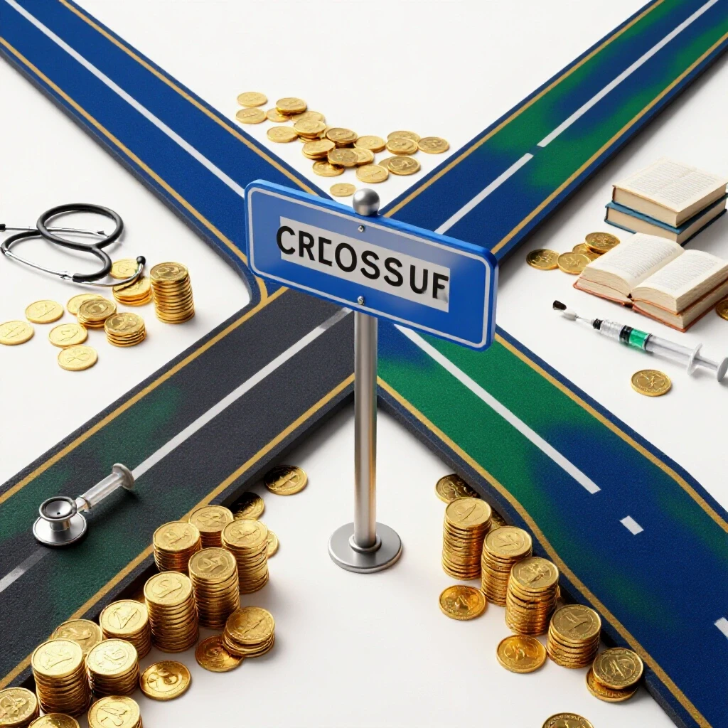 Crossroads sign with one path paved in gold coins and another with veterinary tools on a bright clean background