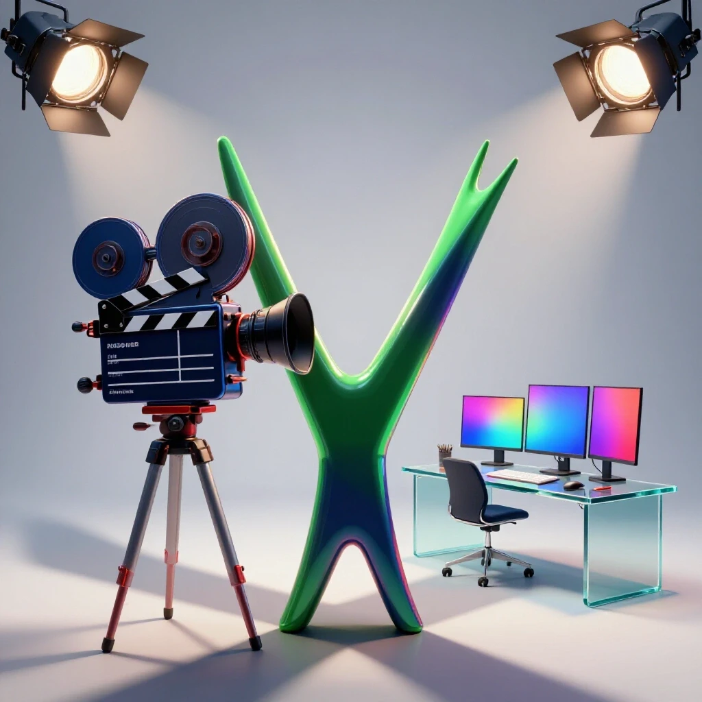 A crossroads with a glossy film camera and stage lights on one path, and a vibrant modern office desk on the other, set against a bright background.