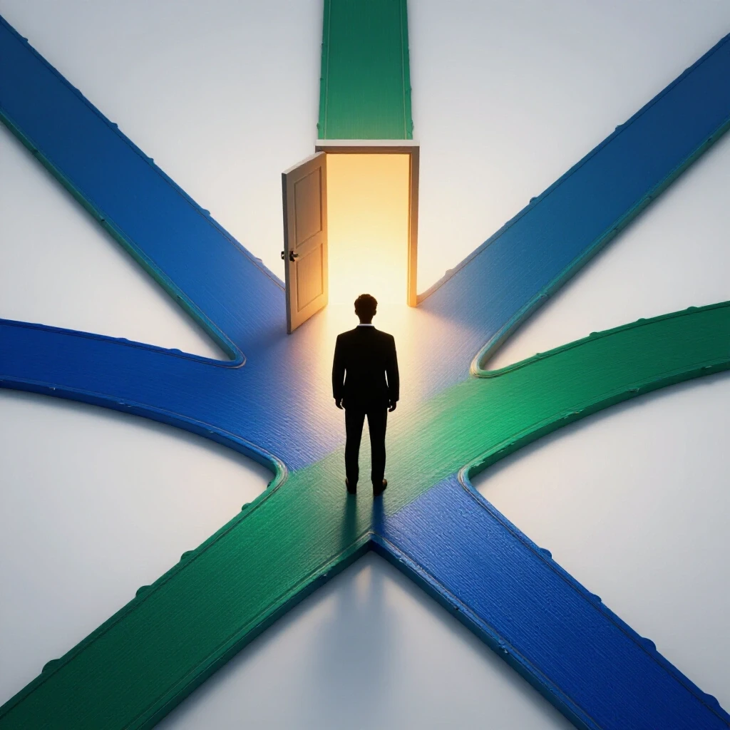 A crossroads with a silhouette facing a glowing door-shaped horizon, paths in deep royal blue and green tones.