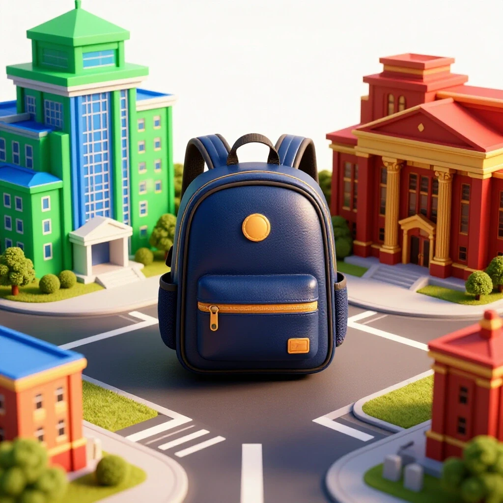 Backpack at a crossroads between vibrant modern and traditional campuses symbolizing student choices.