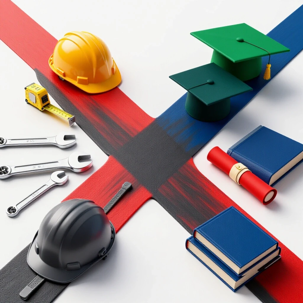 A crossroads with vocational tools and academic symbols on a bright white background, illustrating career choices.