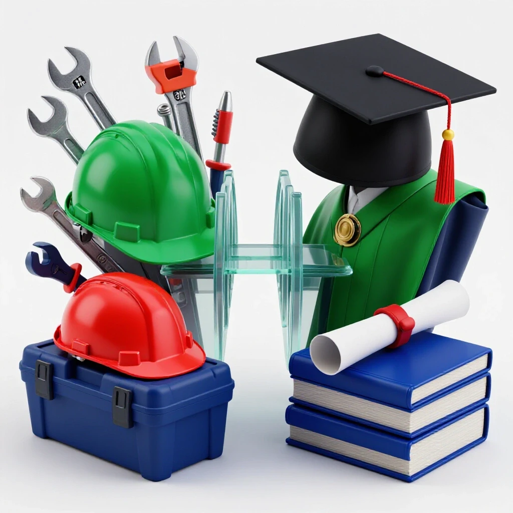 Split scene with vivid vocational tools on one side and academic graduation symbols on the other, bridged by a gap.