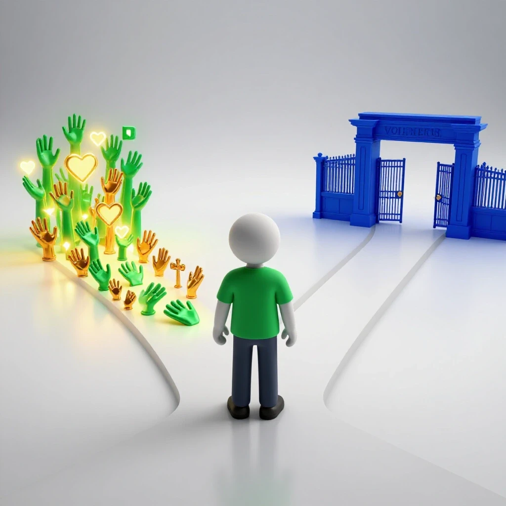 A student silhouette stands at a crossroads with one path aglow with volunteer symbols and the other leading to distant college gates.