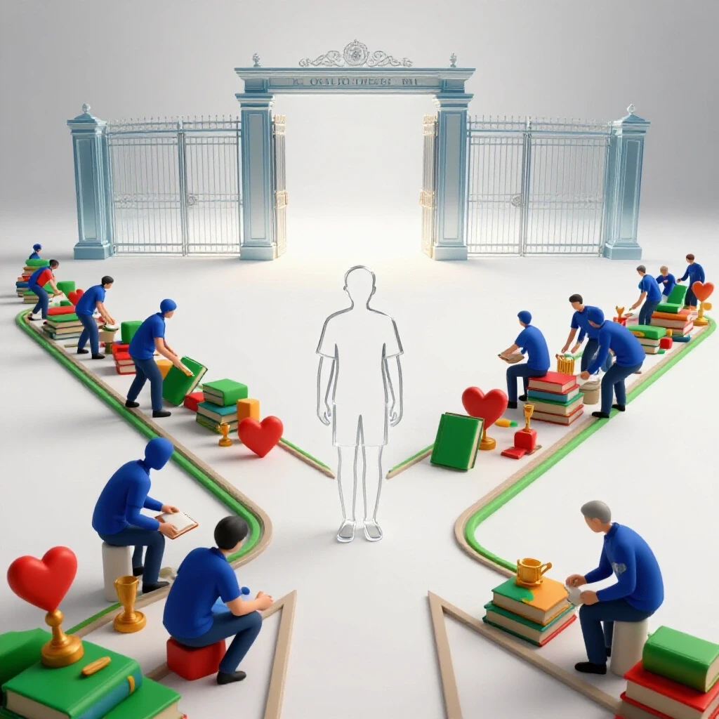 A student figure at a crossroads, one path filled with colorful volunteer symbols, the other leading to glowing college gates on a bright background.