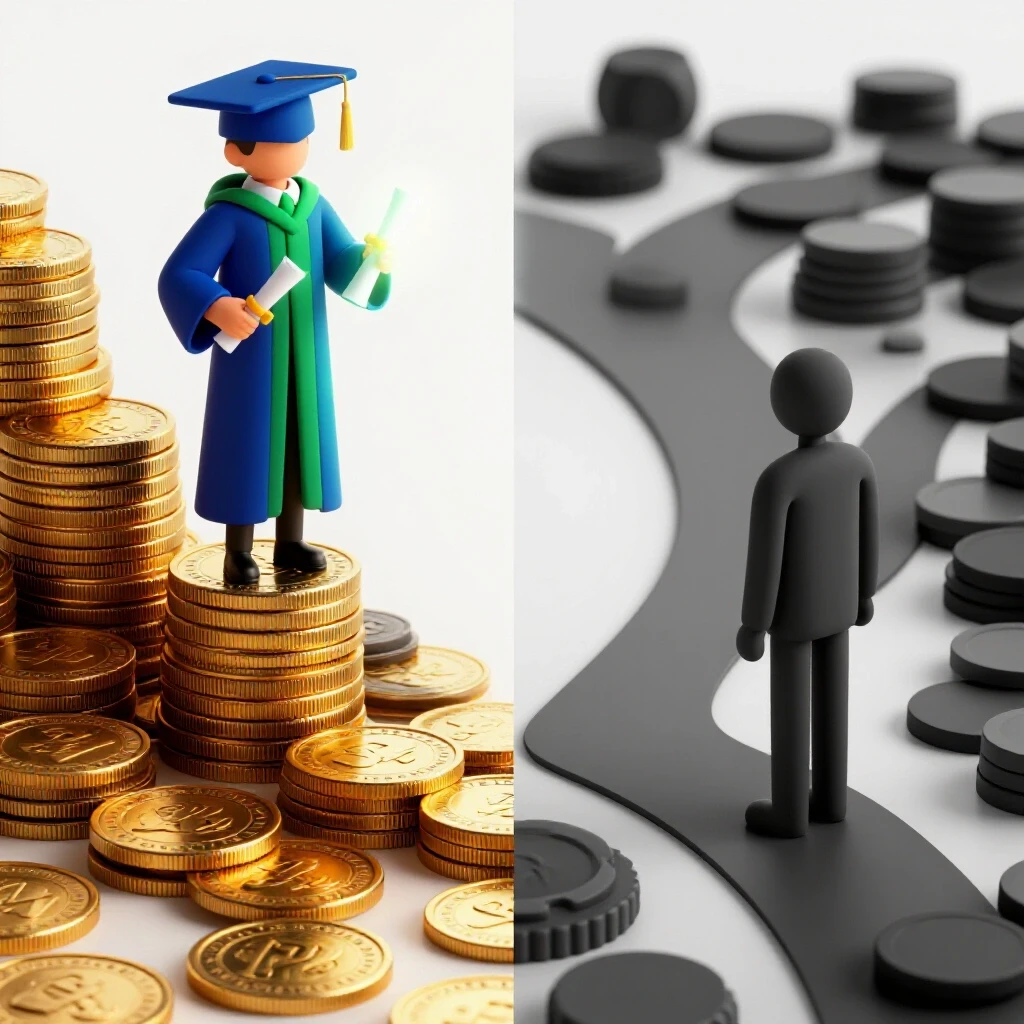 Split scene showing a graduate on gold coin stairs with glowing diploma contrasted against a figure at a forked path, highlighting wage premium by degree.