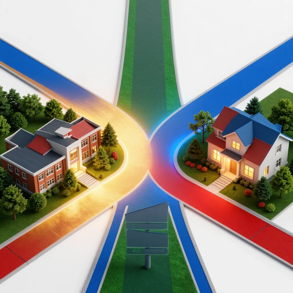Crossroads scene with one path leading to a modern weekend college campus and another to a family home, each illuminated with contrasting light to symbolize choices for parents.