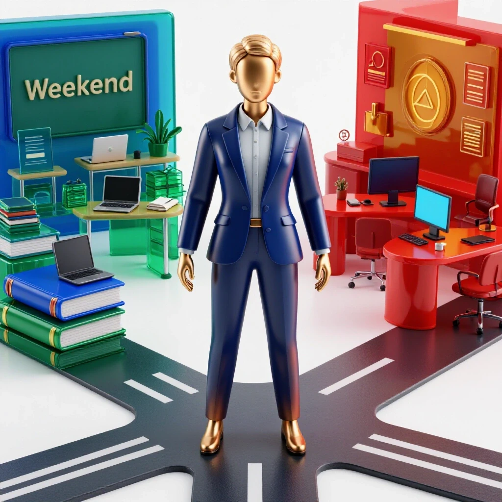 A professional at a crossroads between a dynamic classroom and a vibrant office, divided by contrasting lighting.