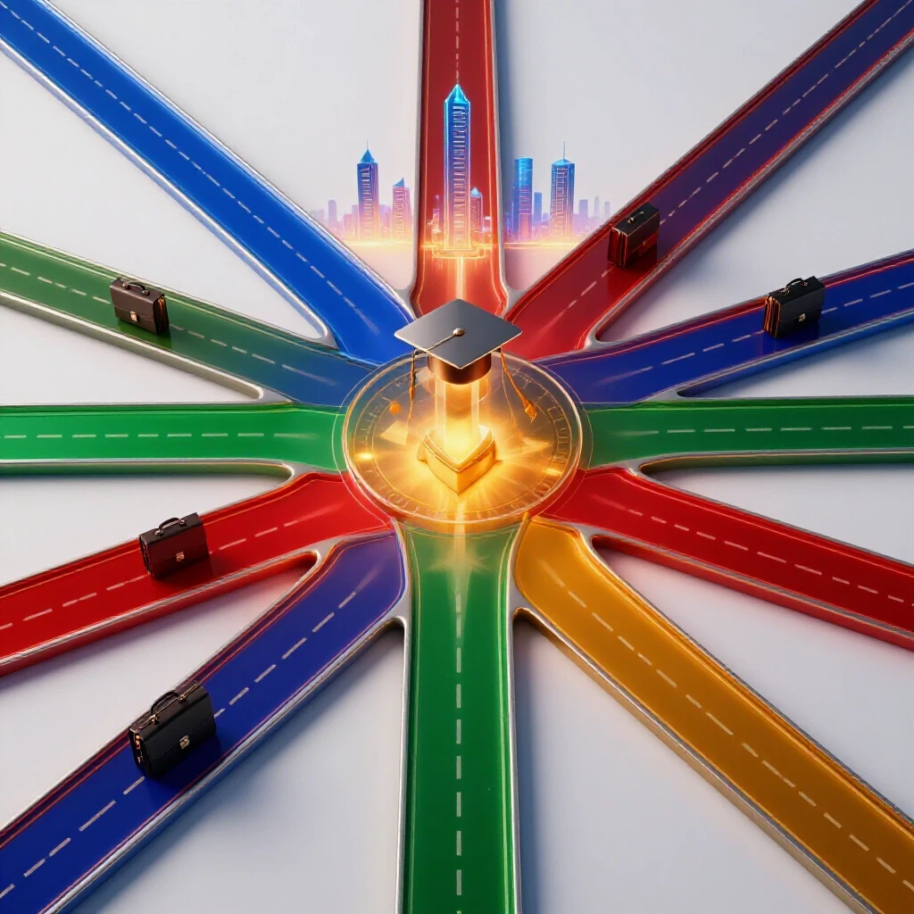 Illuminated crossroads with branching colored paths leading to a modern city skyline, symbolizing career choices and outcomes.