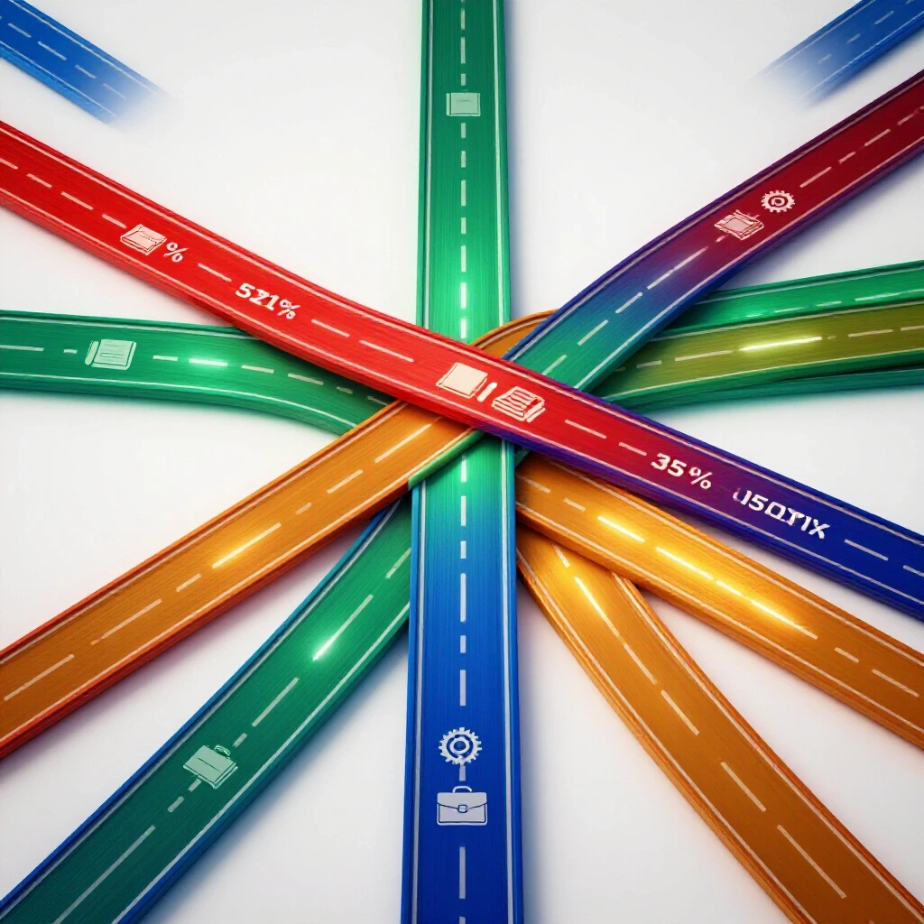 Saturated crossroads with vibrant glowing paths and education-career symbols on a clean white background.