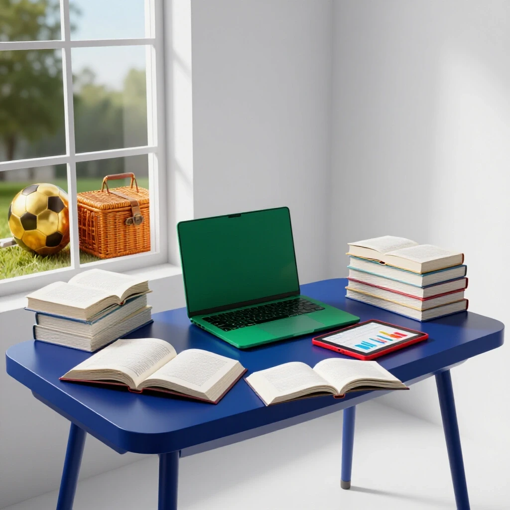 A modern desk with vivid books, laptop, and tablet, beside a window showing outdoor leisure on a bright morning.