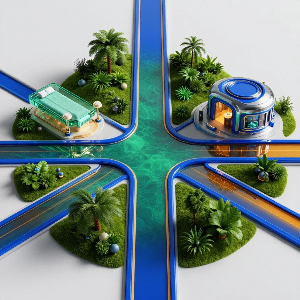 Brilliantly colored crossroads branching to a wellness spa and medical facility amid lush inviting landscape.