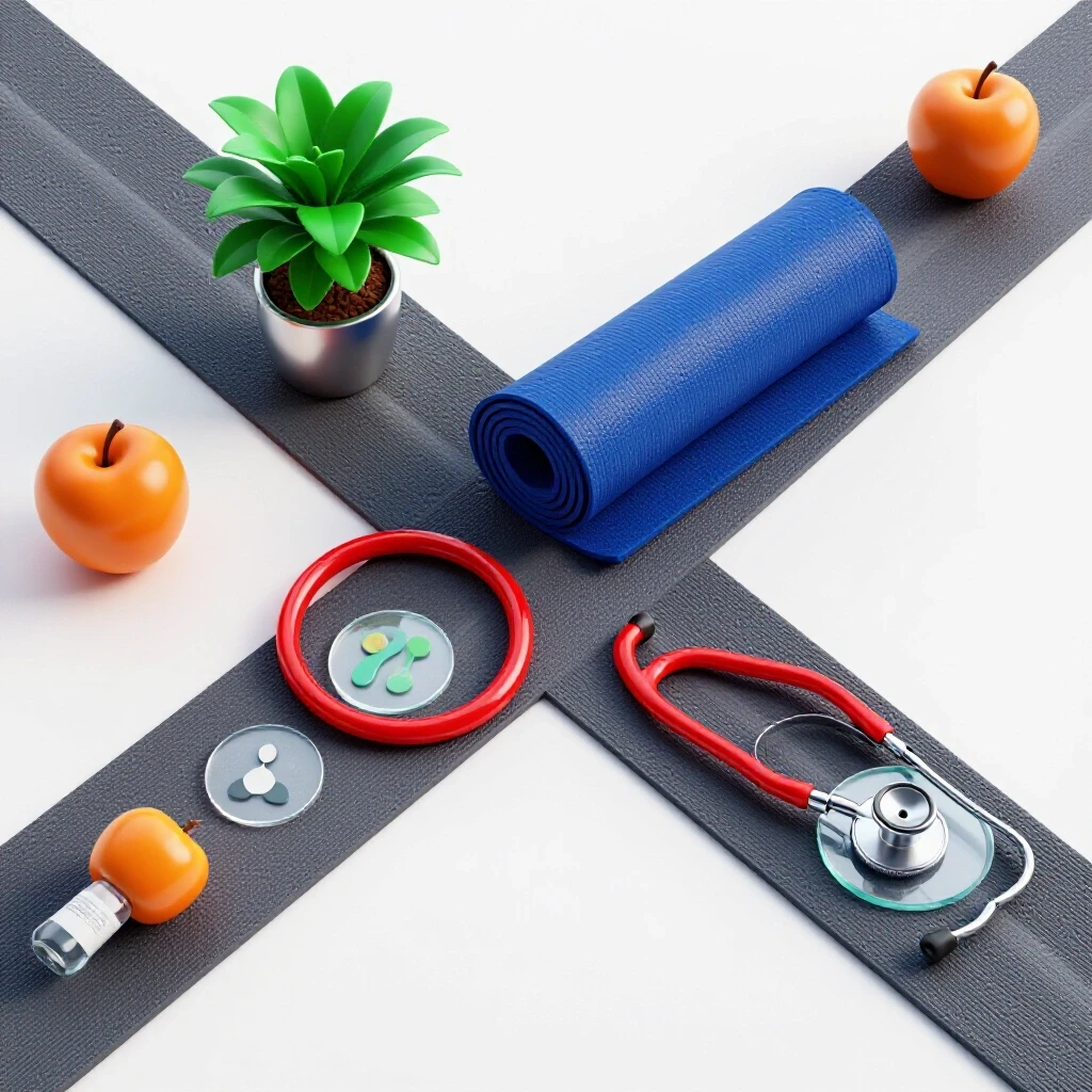 Crossroads with vibrant wellness symbols like a plant, yoga mat, stethoscope, and health icons on bright background.