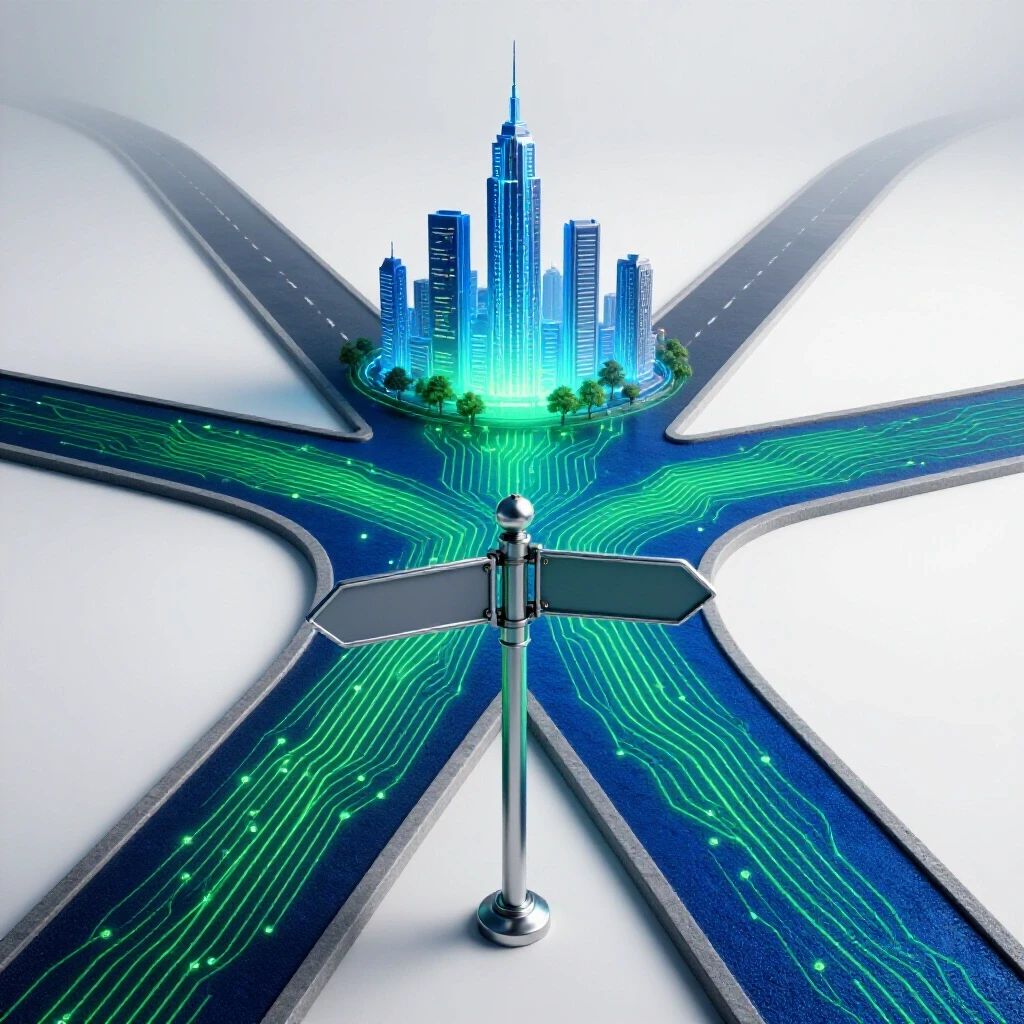 A crossroads with a metallic signpost, one path glowing with circuit patterns toward a bright futuristic city, the other fading into the distance.