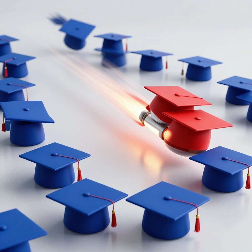 A bold rocket-powered graduation cap surges ahead of traditional caps in a luminous studio race.