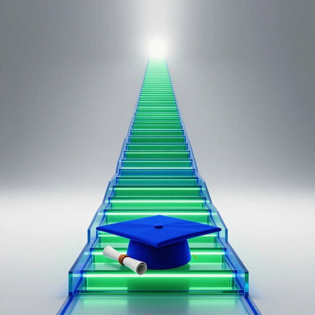 A glowing upward pathway of vibrant steps leads from a diploma scroll toward a bright horizon, symbolizing career acceleration.