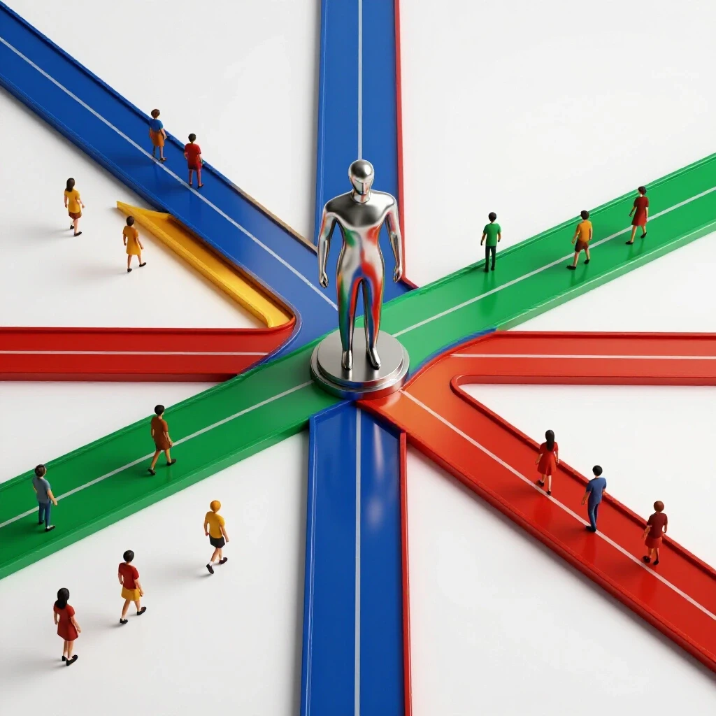 Abstract metallic leader figure at intersection of colorful campus pathways, symbolizing college dean role.