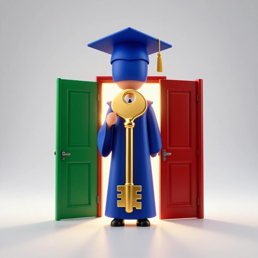 A symbolic graduate in blue gown holds a gold key before two vibrant doors, one glowing with opportunity.