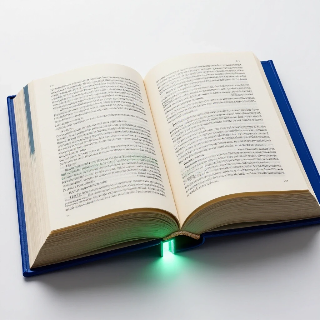 Open book with deep blue and green pages, glowing doorway at bottom margin on bright white background