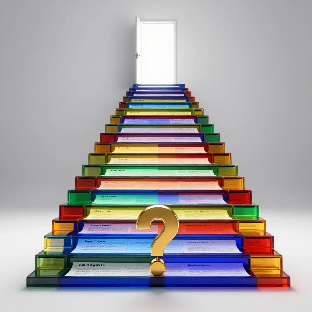 Staircase of glowing colorful report cards ascending to a radiant doorway, symbolizing GPA progress.