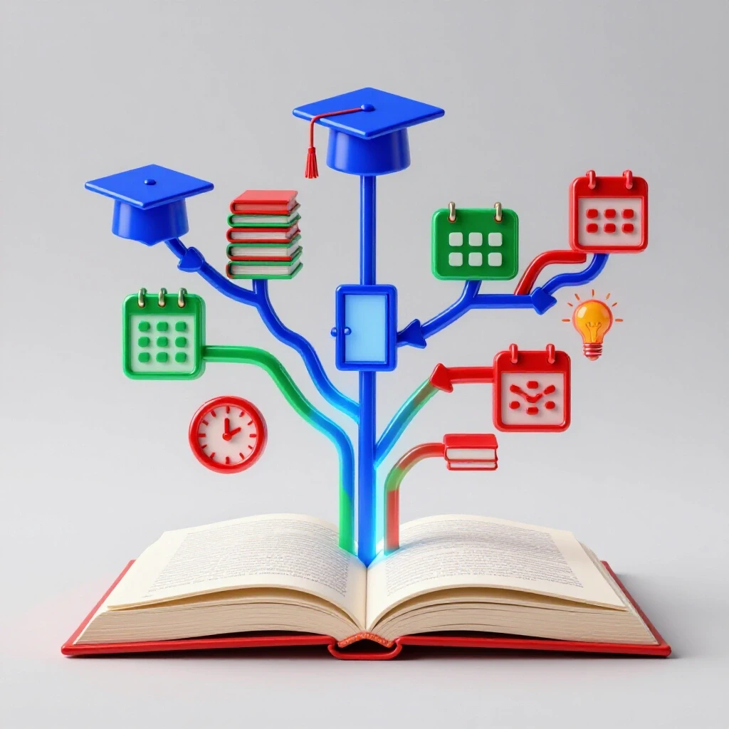 Open book with glowing, colorful icons branching out to represent classes, deadlines, and opportunities on a bright background.