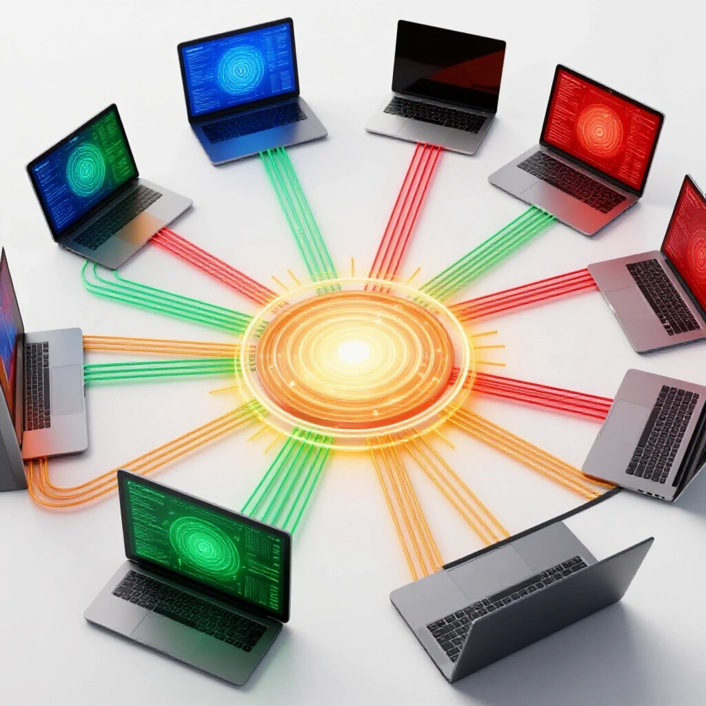 Vibrant digital devices linked by glowing lines circle a central radiant portal, symbolizing virtual academic collaboration.