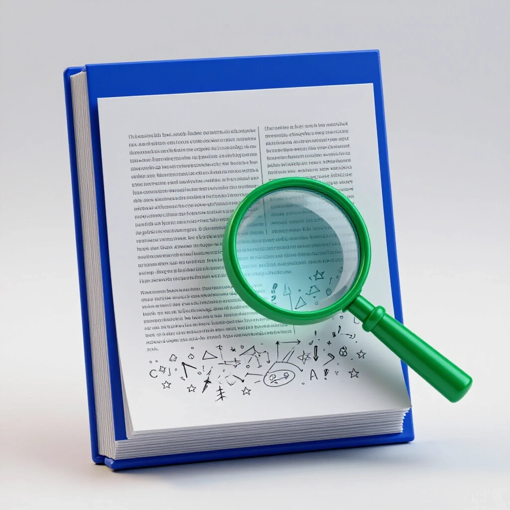Magnifying glass highlighting academic symbols on the bottom margin of a blue document stack in a white studio.