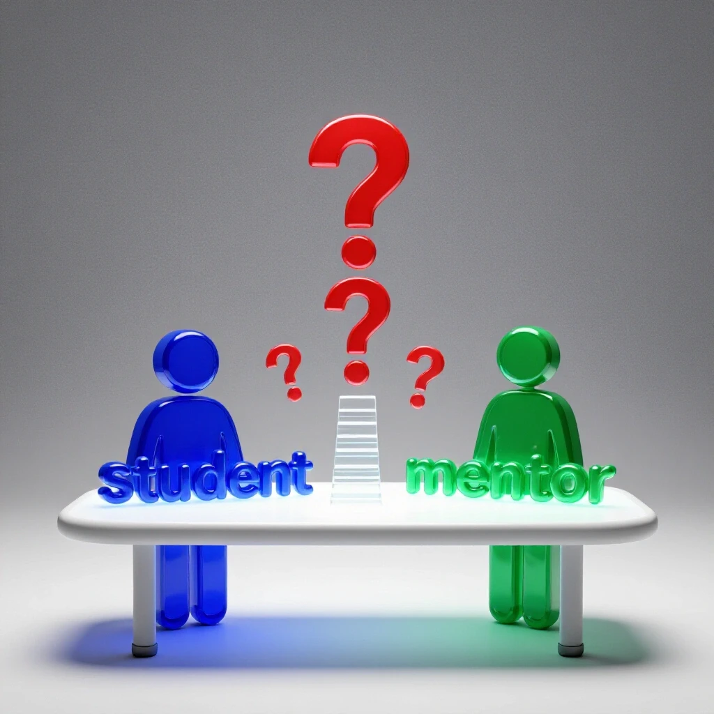 A glowing table with abstract blue student and green mentor shapes, linked by floating pathways and question marks.