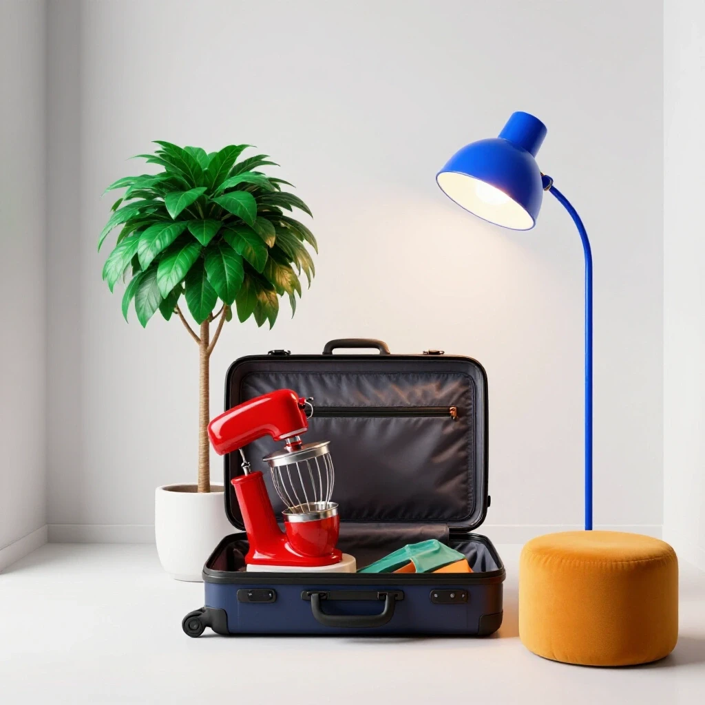 Open suitcase in a bright dorm room with bold colored houseplant, kitchen appliance, and furniture spilling out.