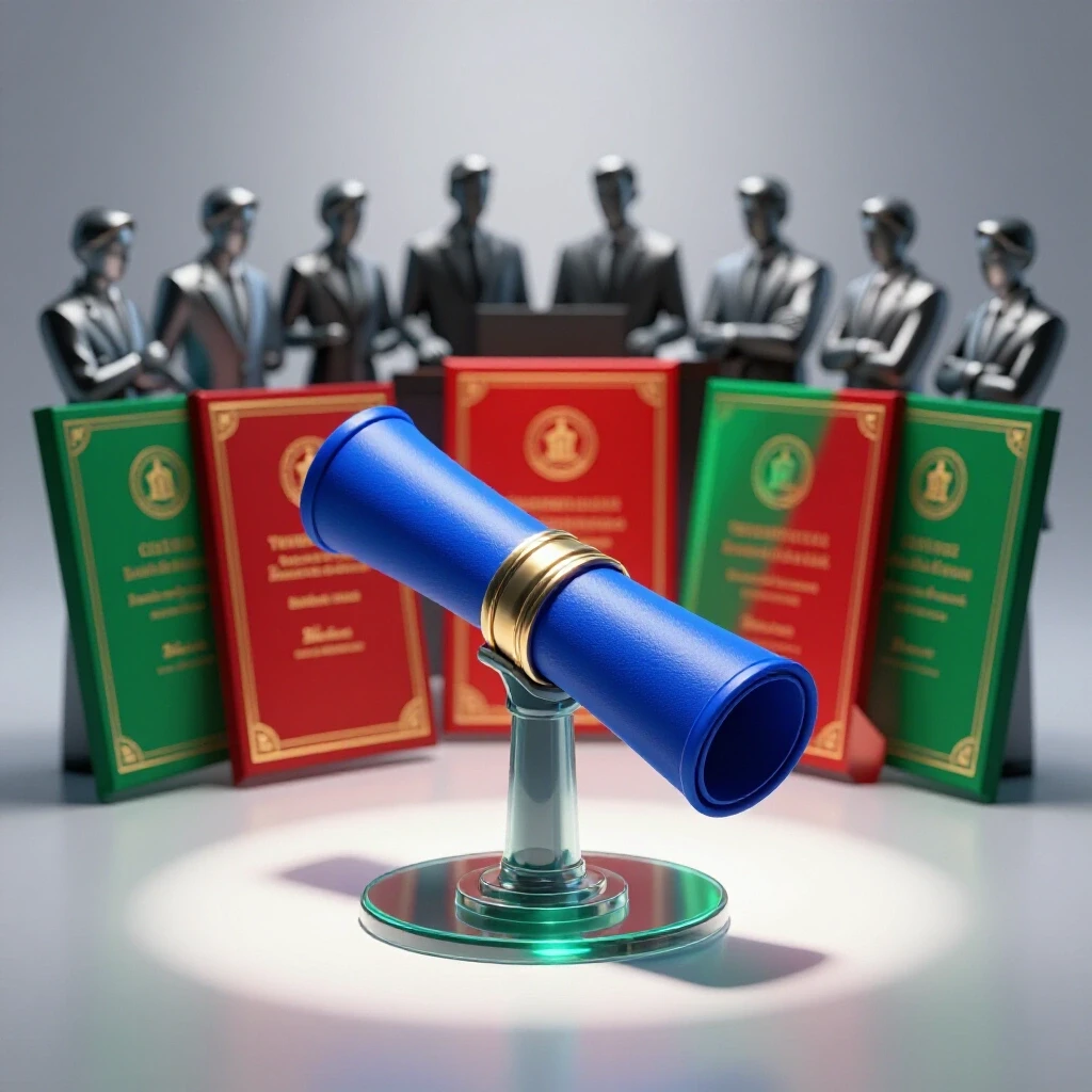 Glossy blue diploma on a glass podium spotlighted with recruiters in the background examining other diplomas.