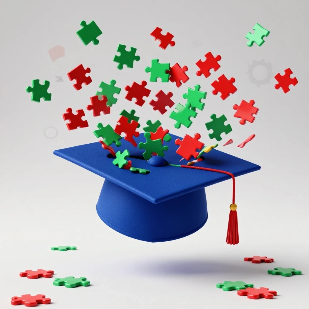 A deep blue graduation cap dissolving into colorful puzzle pieces on a bright white background, symbolizing changing career value.