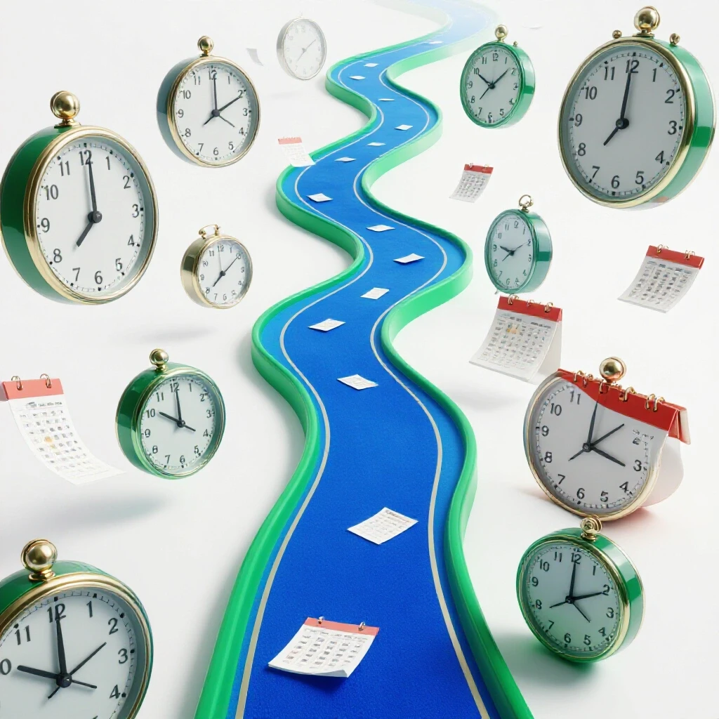 A winding uphill path with clocks and calendar pages scattered along the way, symbolizing obstacles and delays in earning a bachelor's degree.