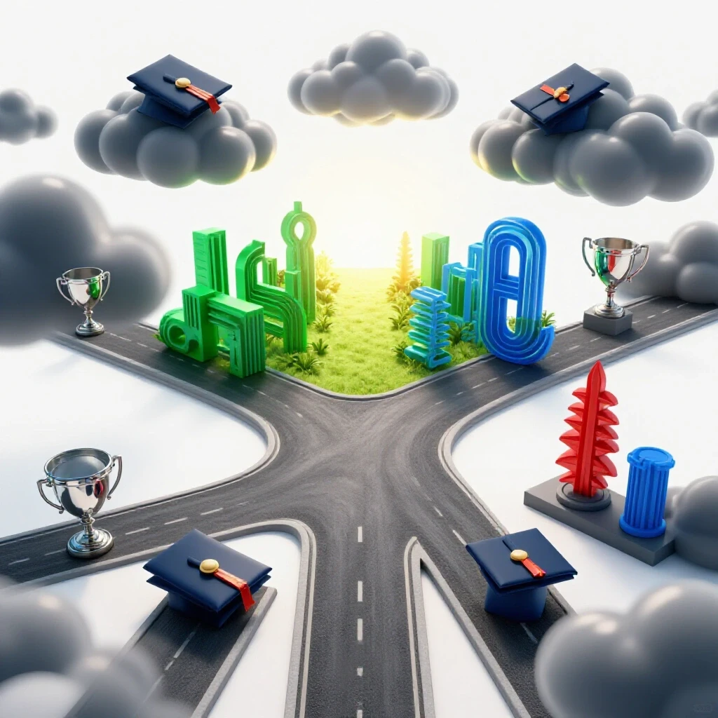 A crossroads with one path lined with diplomas and trophies under gray clouds and another leading to a sunlit horizon, highlighting internal conflict and career decisions.
