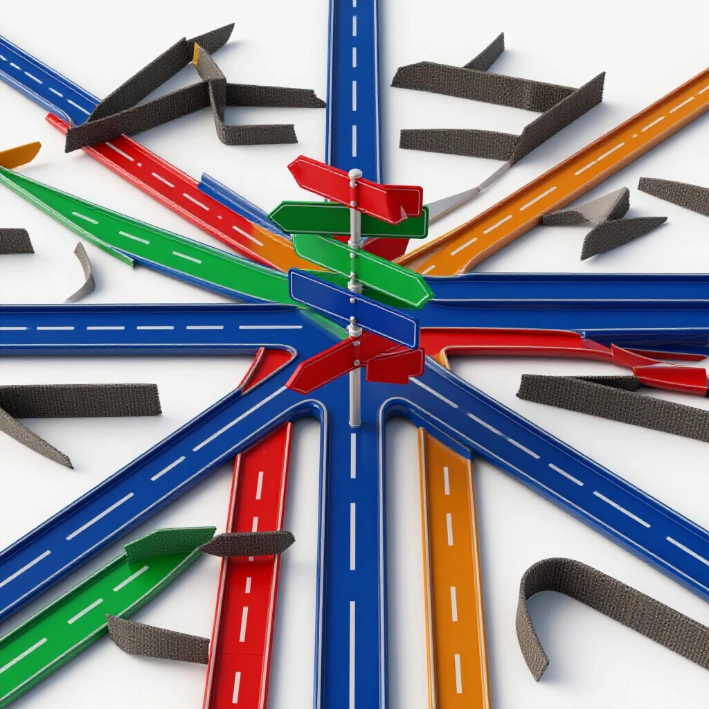 Vivid 3D signposts at a complex crossroads, some clear and others tangled, on a bright studio background.
