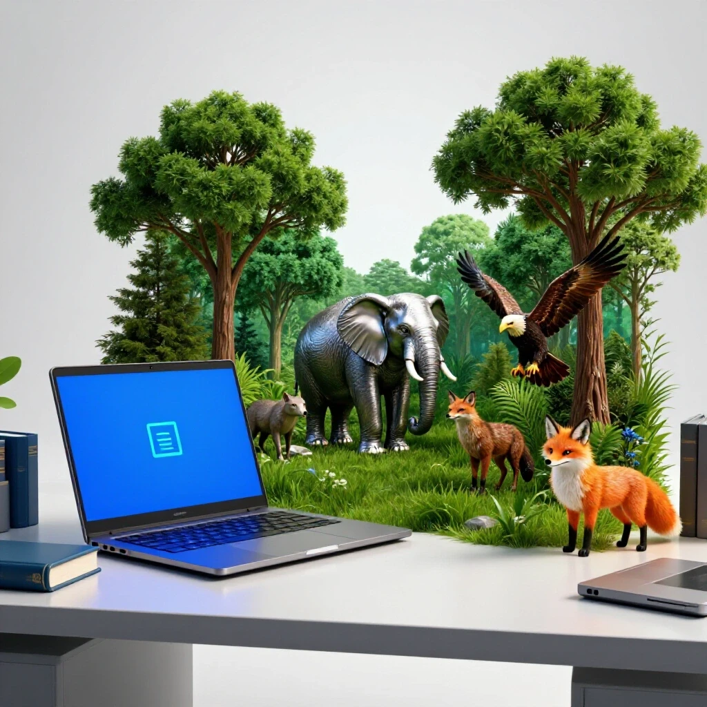Split scene showing a laptop on a desk transitioning into a vibrant wild habitat with diverse animals, illustrating digital learning's impact on conservation.
